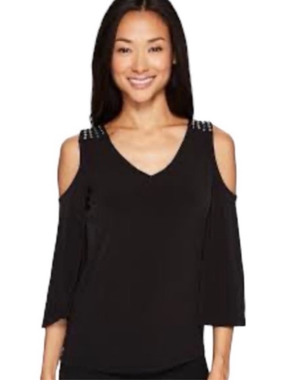 Calvin Klein Black V-Neck 3/4 Sleeve Top with Silver Stud Accents Size Small